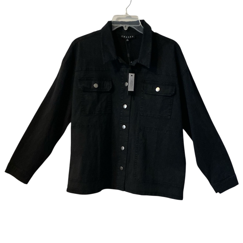 Chaser Womens Black Stretch Twill Button Down Louise Light Weight Jacket Sz Sm - Picture 1 of 4